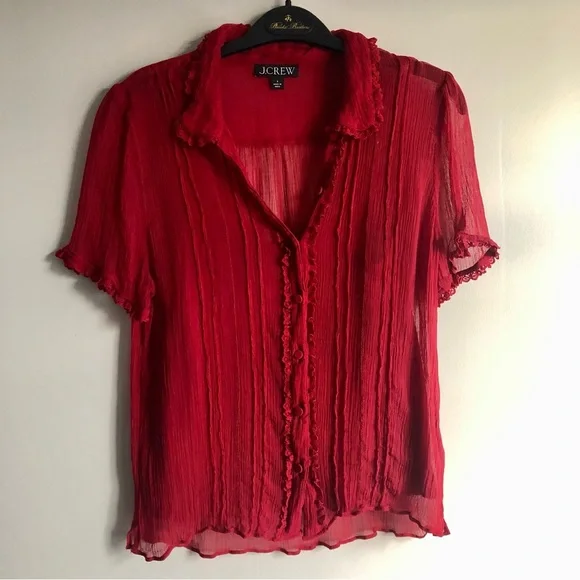 J.Crew Sheer lace-trim button-up Vibrant Red Cap Sleeves Blouse Women’s Size 6 - Picture 11 of 12